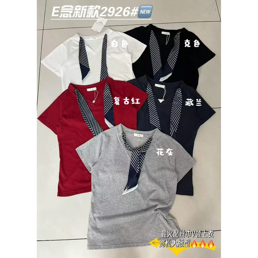 E念2926学院风系带领带短袖T恤女2025夏装新款洋气宽松体恤上衣