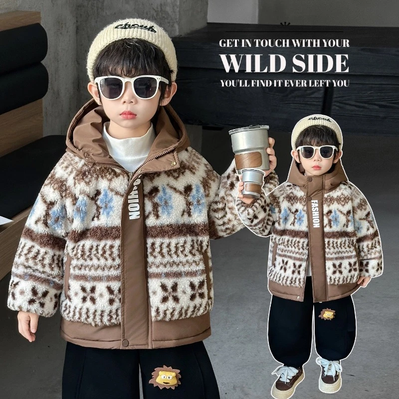 男童冬季加绒毛毛衣外套2025年酷帅宝宝韩版儿童连帽加厚保暖上衣