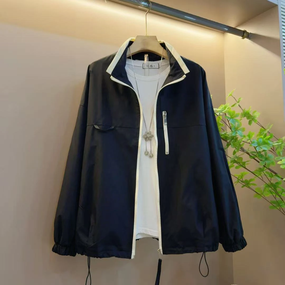 秋季新款气质欧货宽松翻领拼接百搭松紧外套（长63左右）