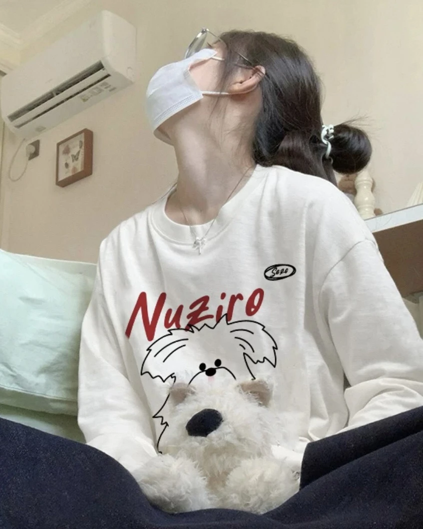 慵懒小狗【100%纯棉】松弛感字母小狗印花圆领长袖T恤女秋宽松上衣