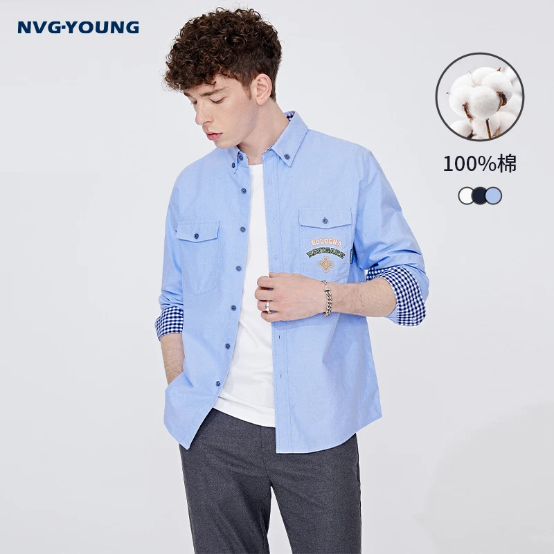NVG·YOUNG纯棉意大利小帆船蓝色衬衫男长袖休闲衬衣上衣外套春