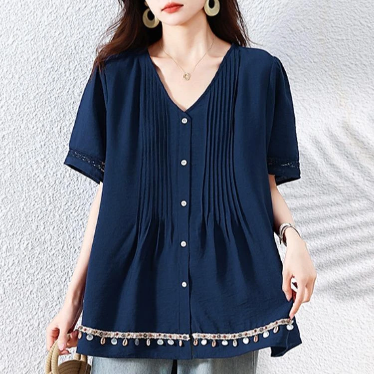 杜拉妮贝壳织带度假风上衣大码女装2025夏胖mm时尚宽松遮肚雪纺衫