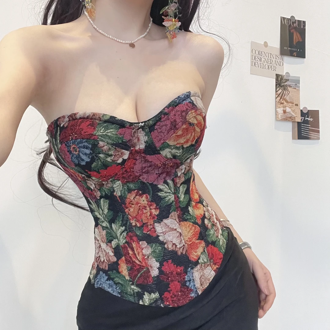 25801-（带胸垫）暗夜花团提花法式真鱼骨复古高级感抹胸