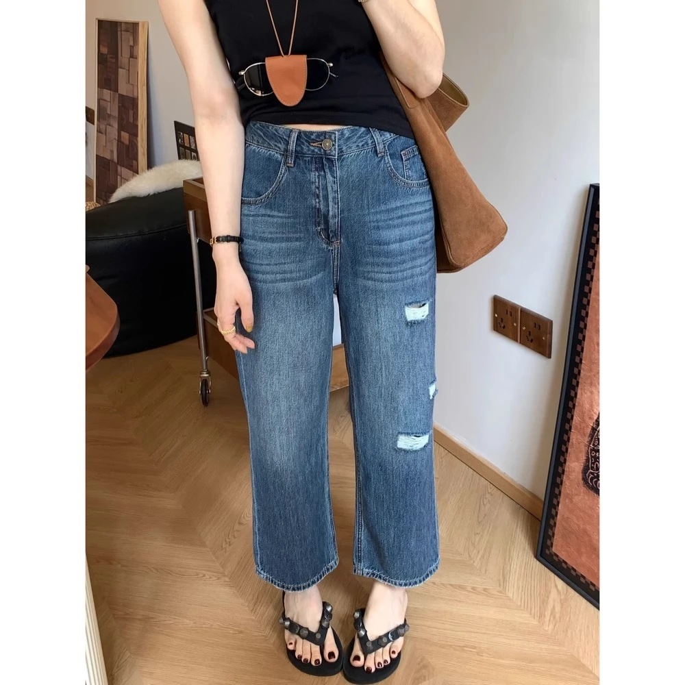 夏季新款薄款复古做旧时髦破洞高腰九分牛仔裤宽松直筒微阔腿裤女