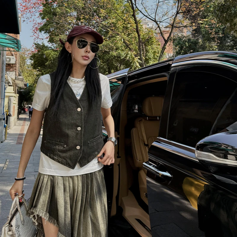 1ndwell Cowgirl牛仔马甲百褶裙套装