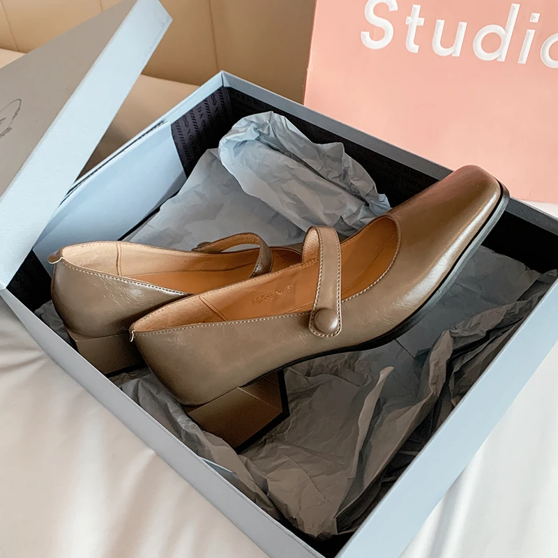 F1072-2/5CM牛皮方头一字式扣带方根单鞋女玛丽珍春季系扣真皮鞋