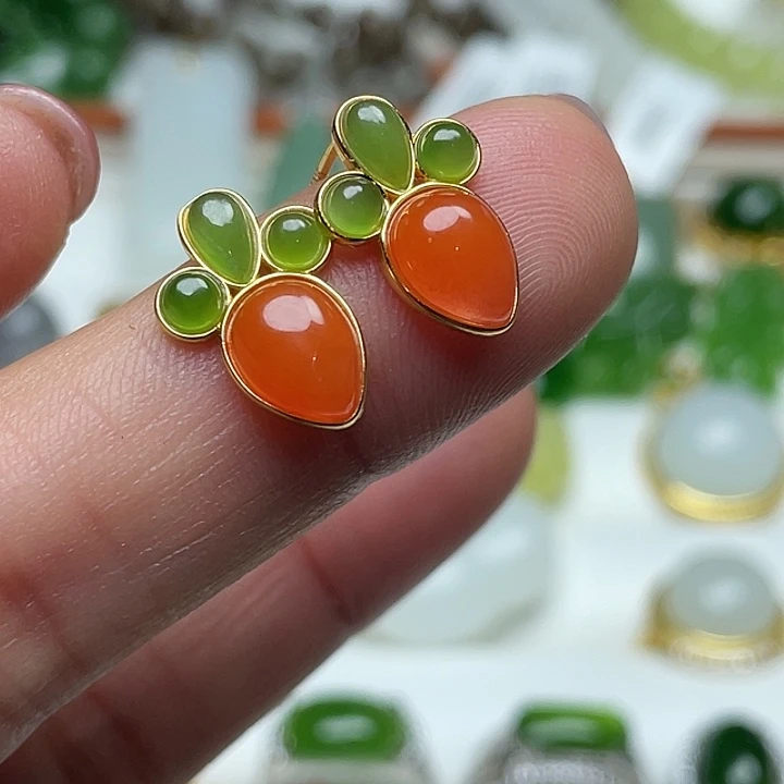 南红玛瑙银S925镶嵌耳饰