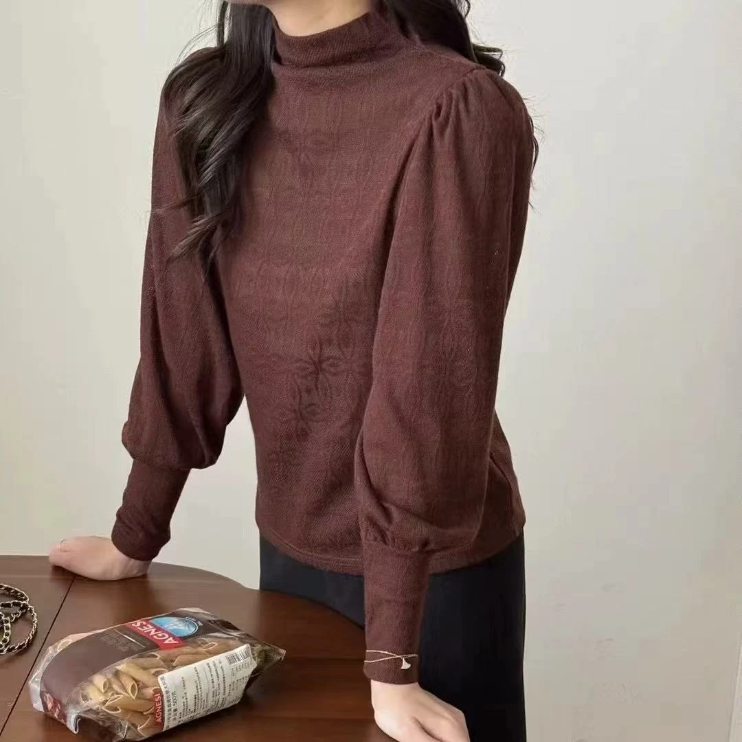 秋新款半高领蕾丝泡泡袖打底衫