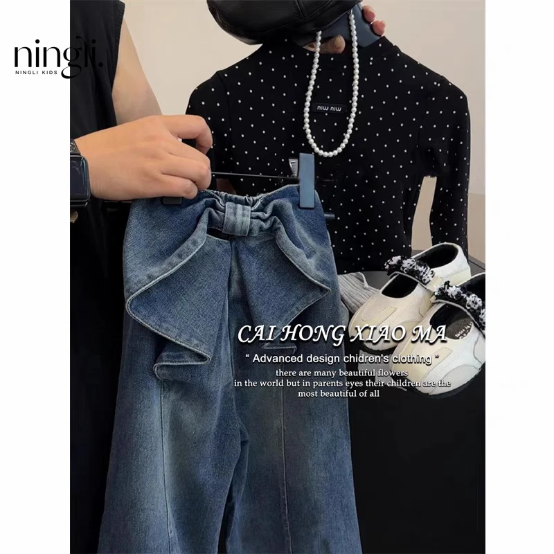 时尚韩国童装女童春装新款洋气时髦套装波点长袖上衣蝴蝶结牛仔裤