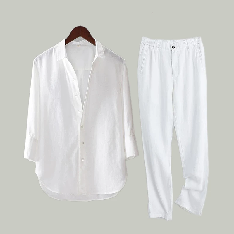 夏季高端纯亚麻衬衫男七分袖薄款套装全麻休闲薄衬衣白色两件套装