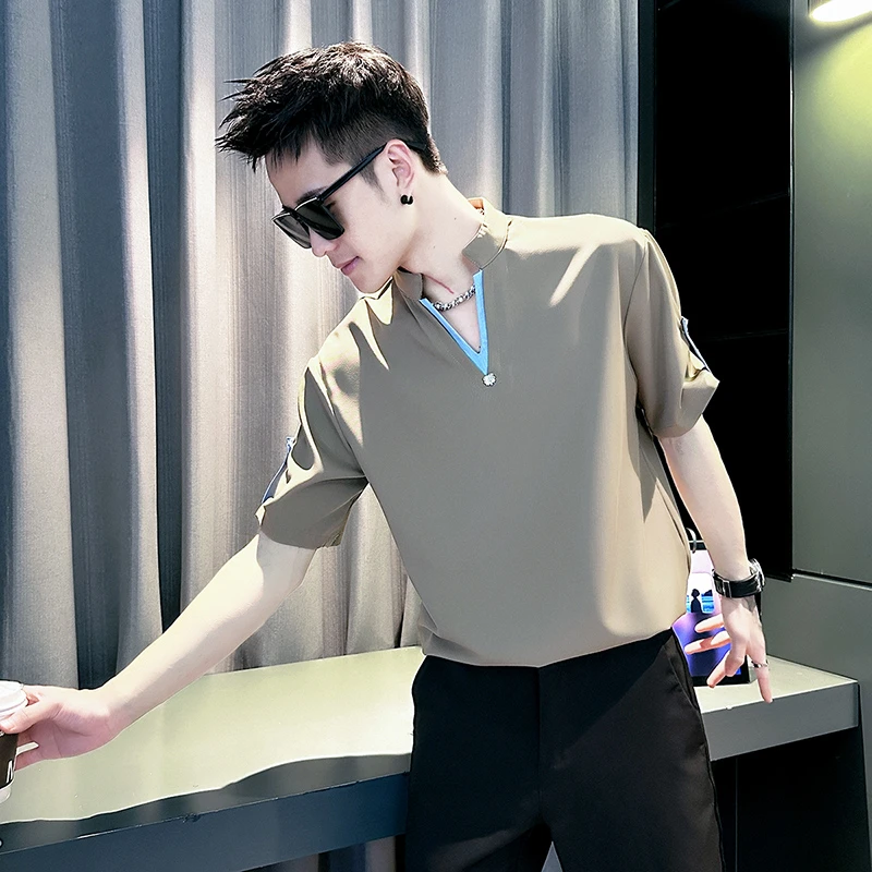 男士短袖衬衫夏季立领假两件衬衣2025新款网红洋气炸街男装衣服潮