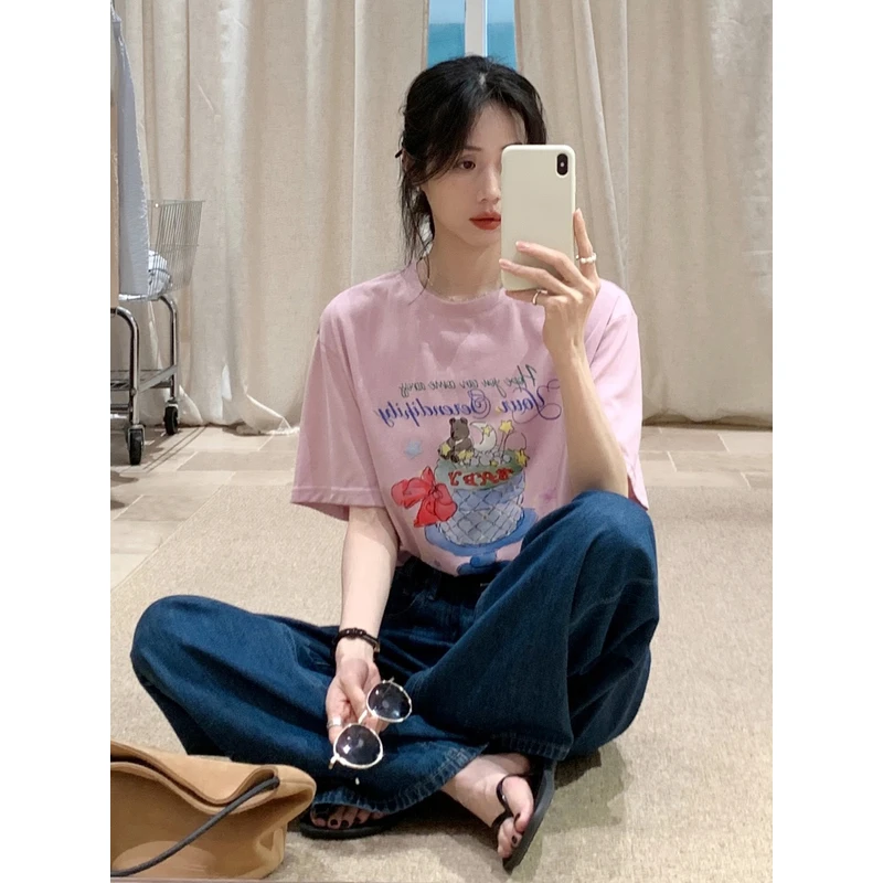 YNVN韩系粉色卡通印花短袖t恤女装正肩休闲百搭上衣2025夏季新款