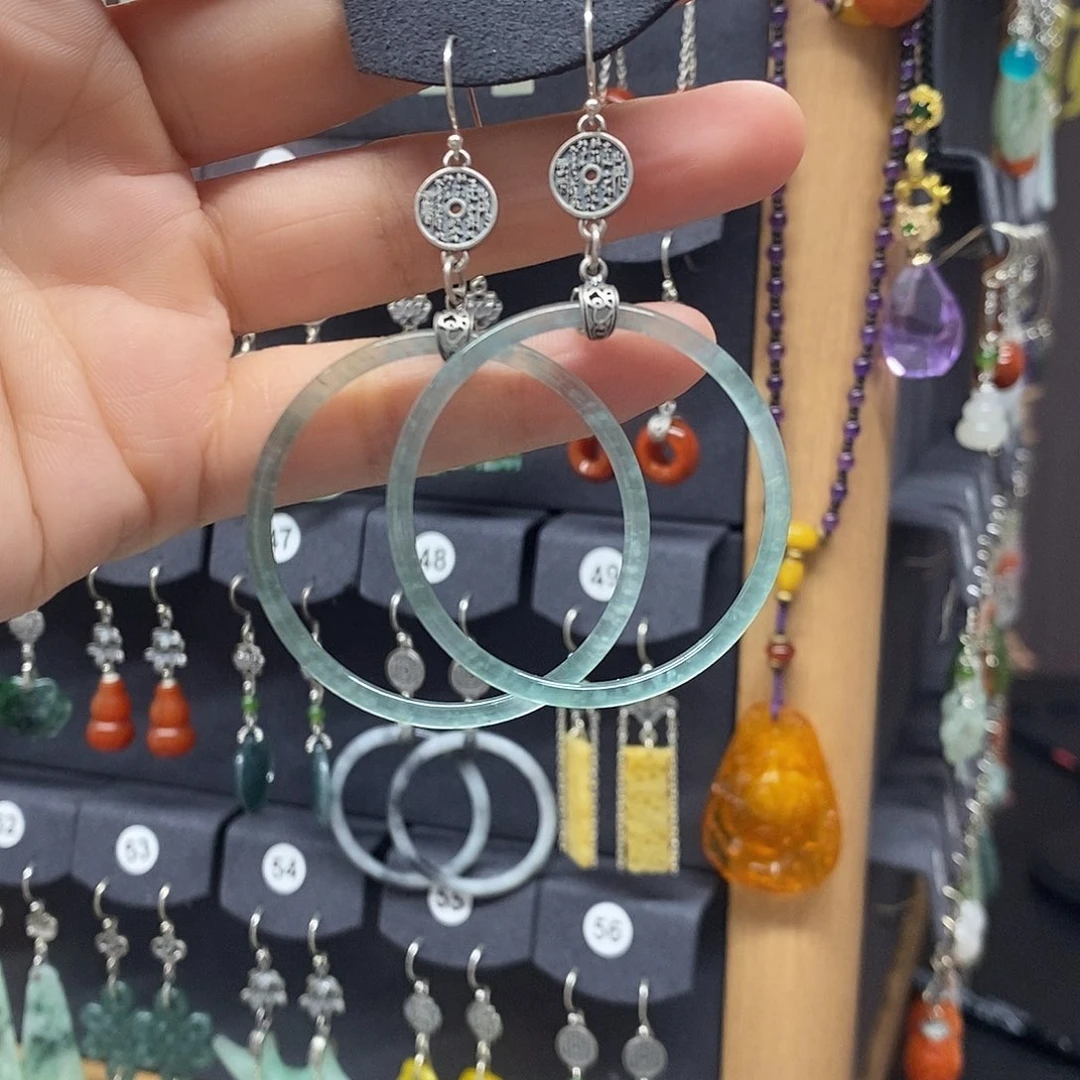 婷***制翡翠银S925镶嵌耳饰