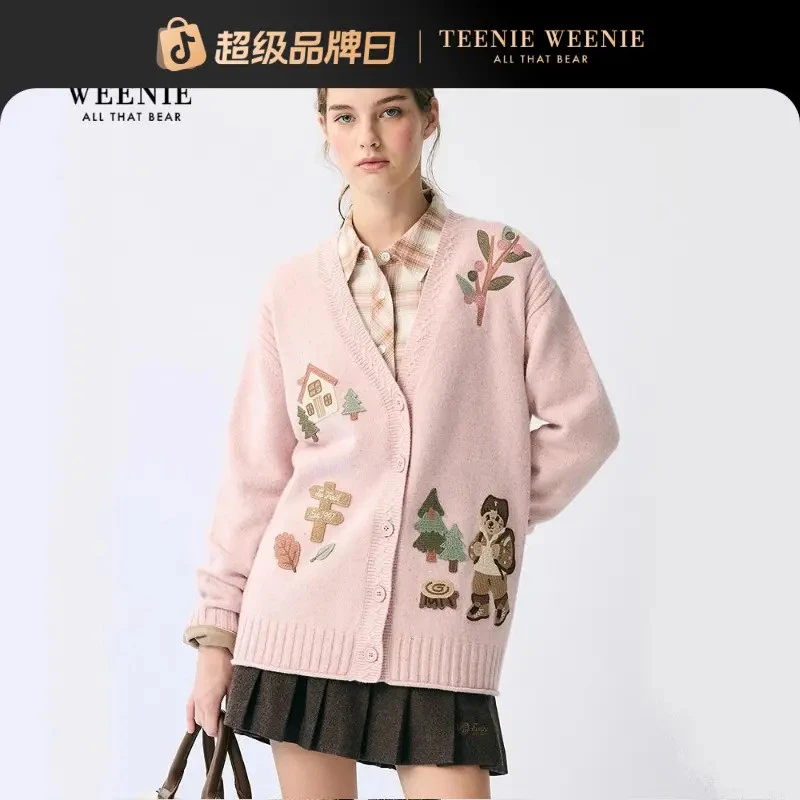 TeenieWeenie小熊女装毛针织衫25秋新休闲重工V领开衫TTCK254TC5B