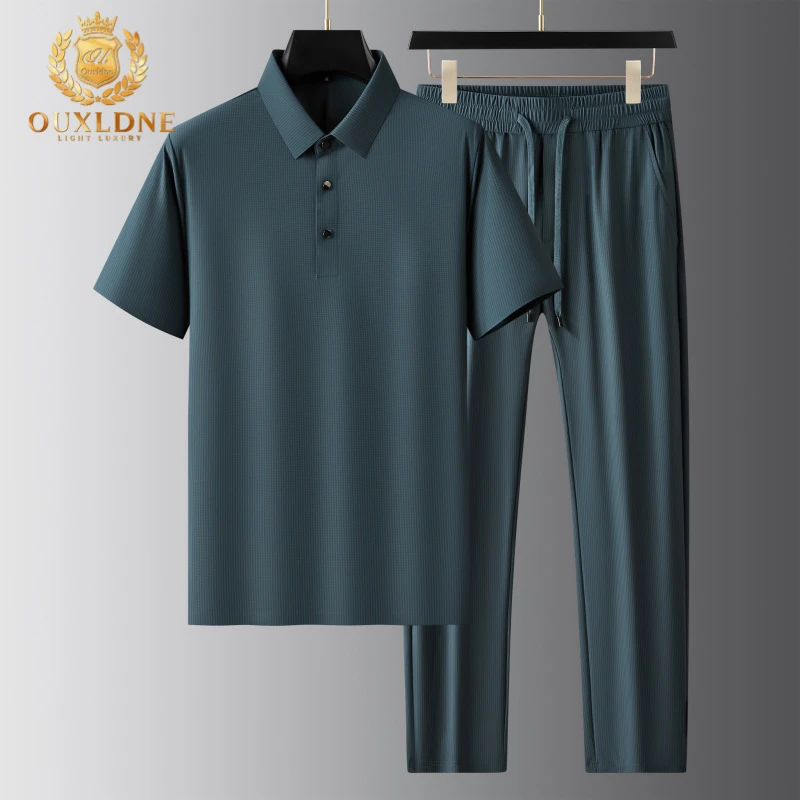OUXLDNE 休闲运动套装男夏季冰丝格纹宽松透气2025新款中年爸爸装