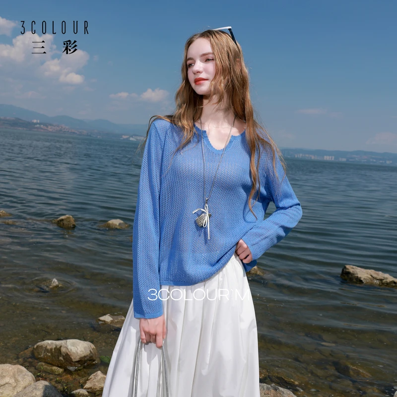 三彩2025秋季新款镂空针织衫V领宽松落肩袖毛衫休闲M