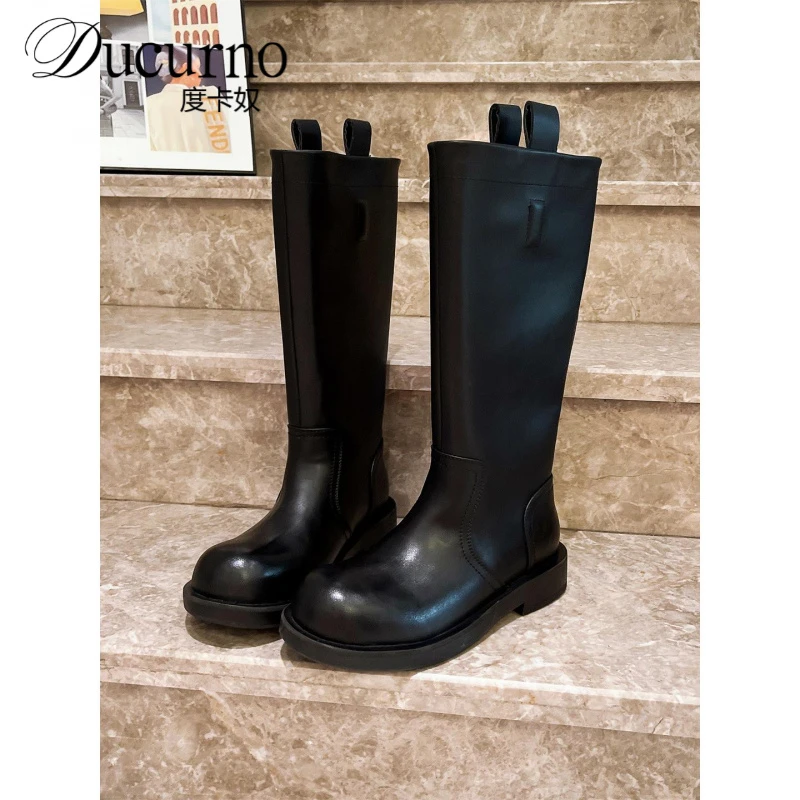 牛皮版~欧货真皮覆古套筒长靴马丁靴机车靴显瘦英伦风不过膝女鞋