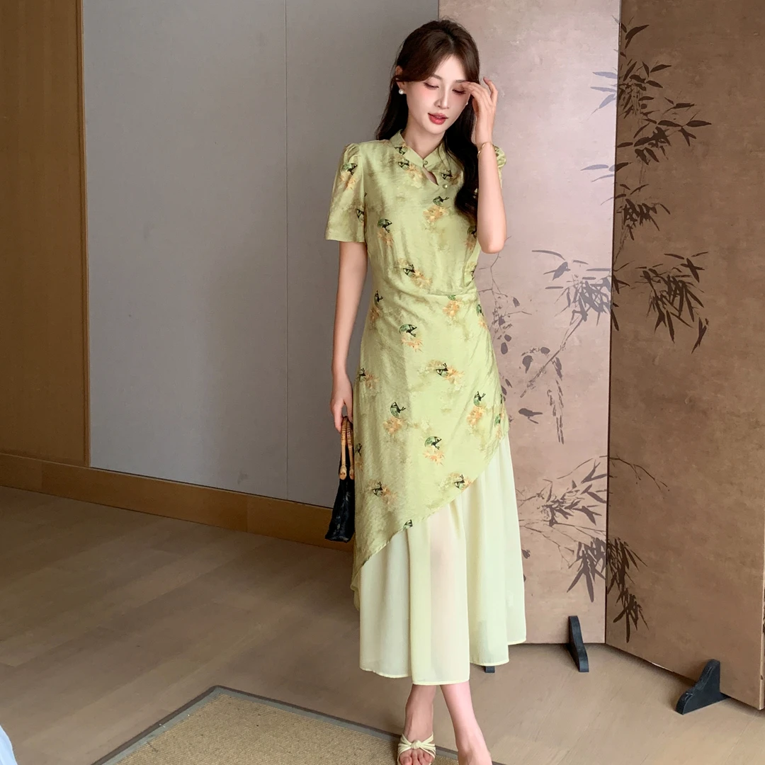 无印心匠B25857-1国风复古印花盘扣假两件收腰显瘦连衣裙K686