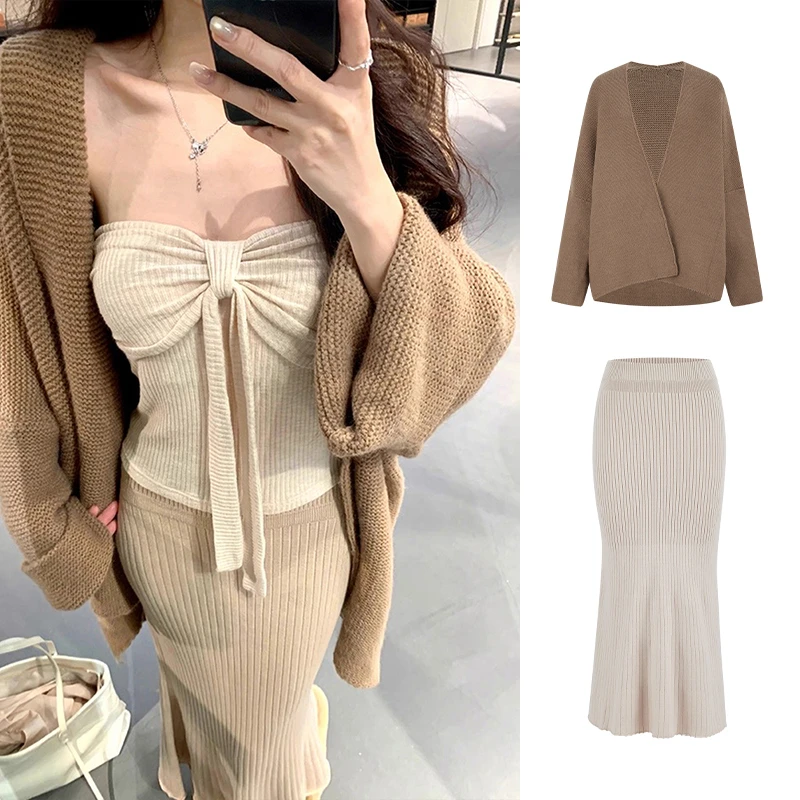 Moses Queen/魔西女王早秋温柔针织开衫外套包臀鱼尾半身裙两件套