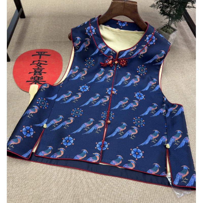 南茉新中式【五彩翟鸟】名家高定蓝底马甲 绶鸟纹样红边盘扣千年吉