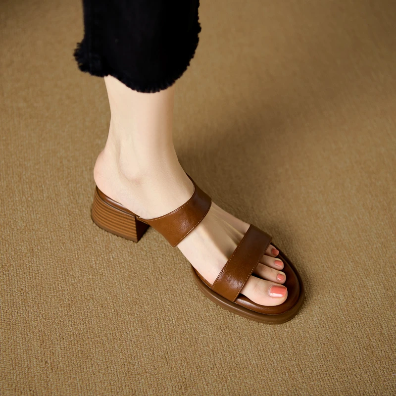 全牛皮圆头外穿拖鞋女2025年春秋新款英伦风中跟粗跟软底时尚女鞋