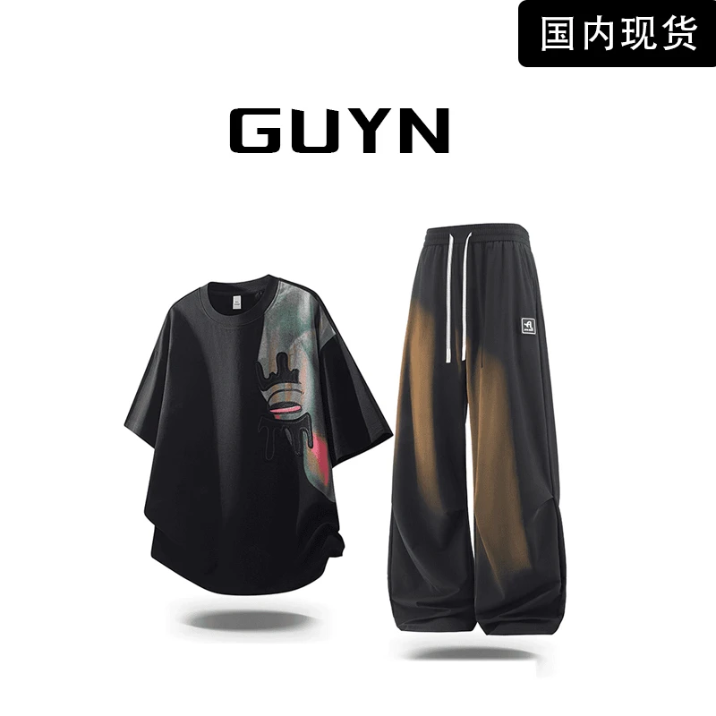 【品牌现货】GUYN彩色印花短袖t恤套装男夏季新款潮流男孩休闲服