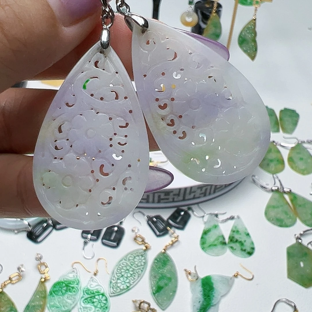 翡翠银S925镶嵌耳饰天然缅甸A货翡翠