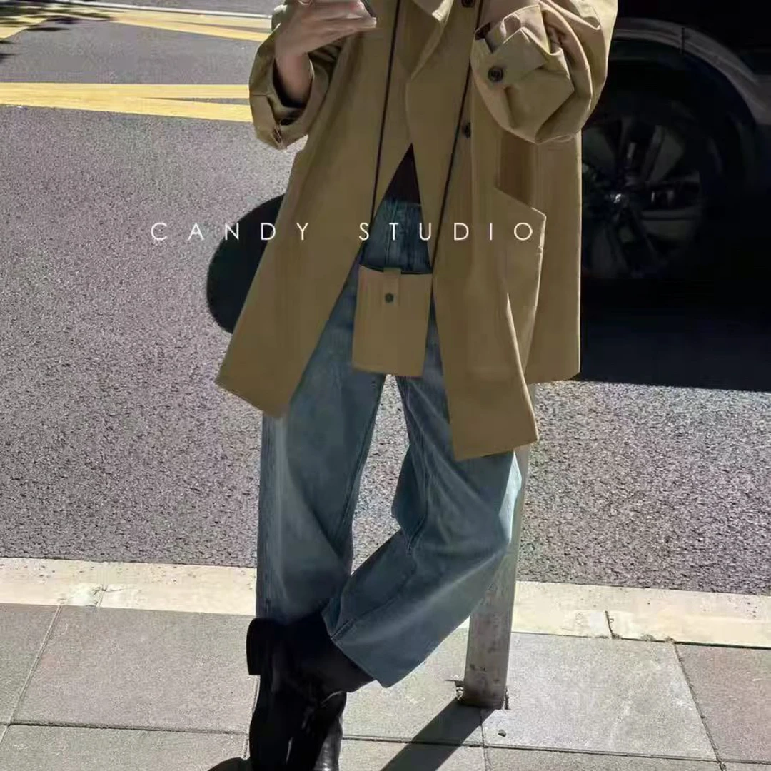 立领宽松廓形条纹翻袖中长款英伦风显瘦洋气时尚风衣外套女