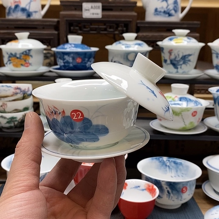 手绘微瑕荷花盖碗