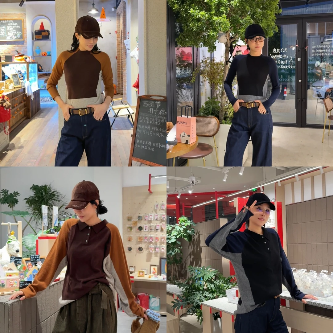 IMMI羊绒polo领拼色针织上衣 羊绒拼色高领针织上衣