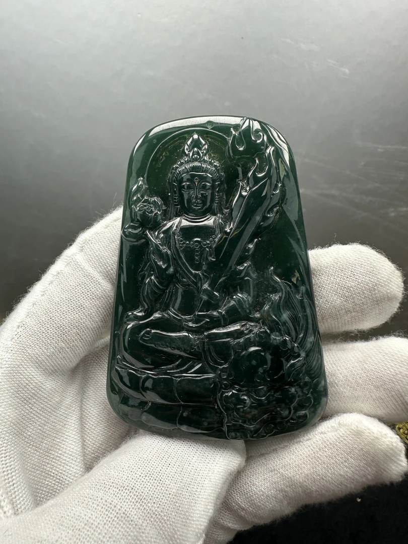 天然翡翠A货 文殊菩萨挂件 标准三件套（盒子 绳子 证书）