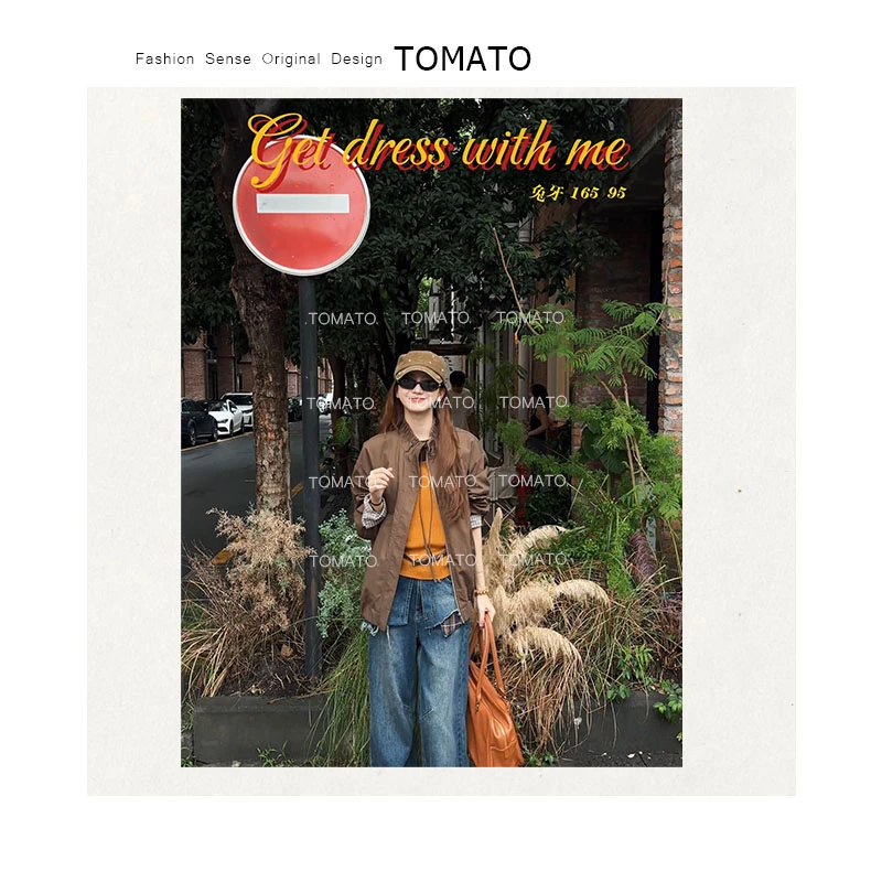 TomaTo-暖棕漫调-立领拼色内里格子宽松工装风衣短外套女C25S7957