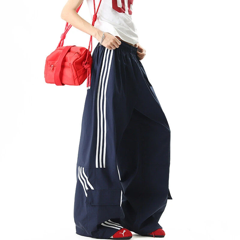 美式藏青色条纹速干工装裤男女夏季hiphop宽松运动阔腿裤休闲长裤