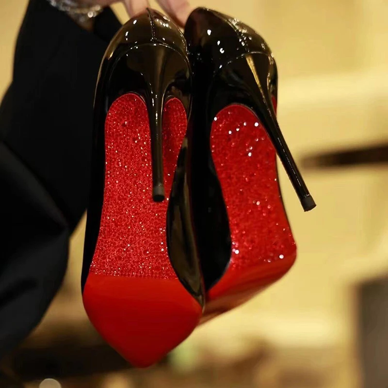 2025新款秋冬尖头水钻红底高跟鞋女细跟漆皮气质高级感不累脚单鞋