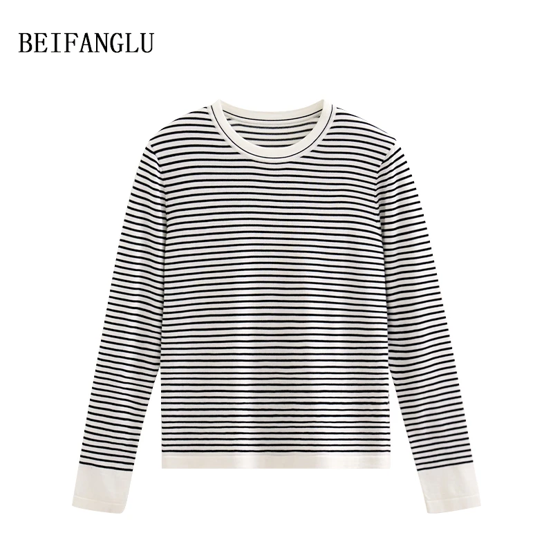 北方鹿 法式叠穿经典条纹精纺细支羊毛百搭2025春针织打底衫2896