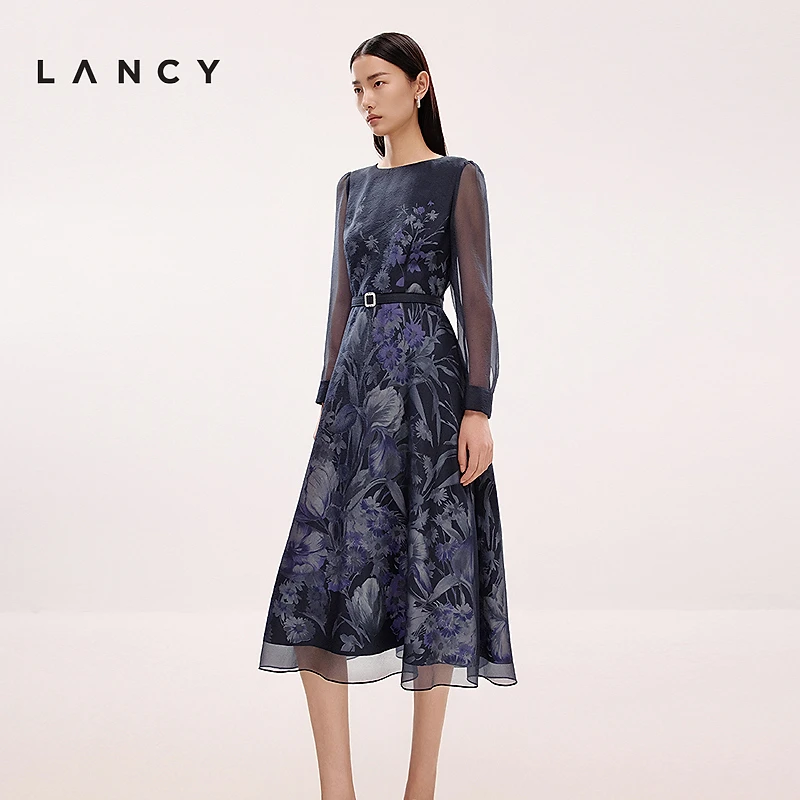 LANCY/朗姿2025春新款高端印花网纱收腰连衣裙端庄大气显瘦裙子女