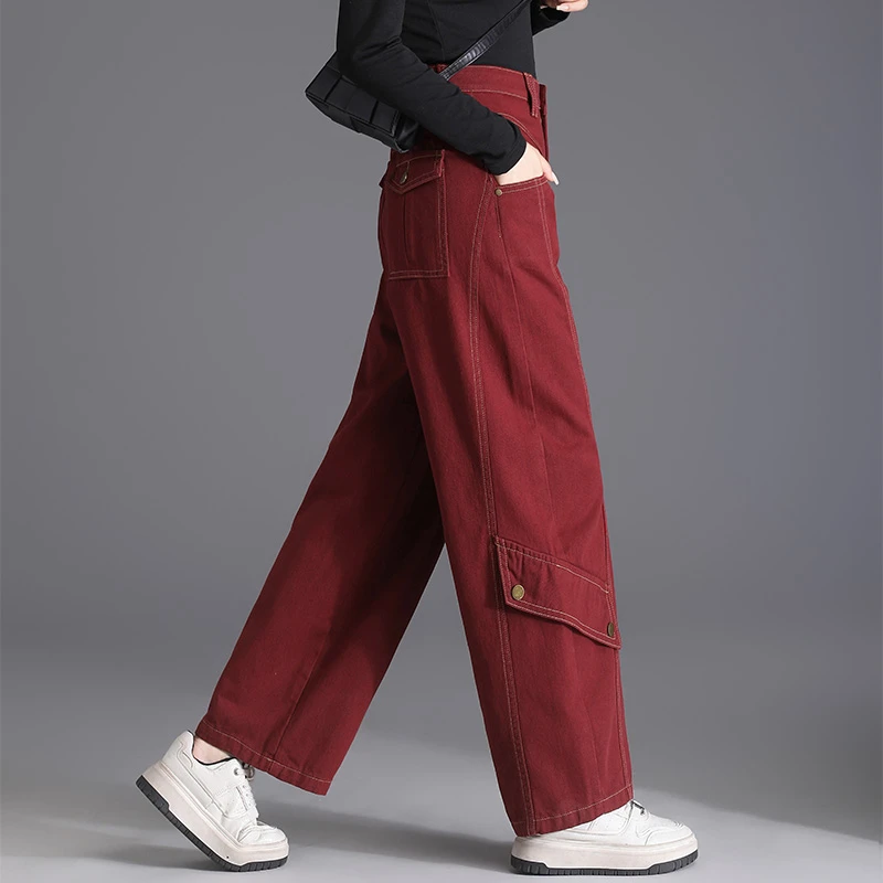 高腰牛仔裤女2025春秋新款安可拉红宽松百搭明线拼接大码长裤显瘦
