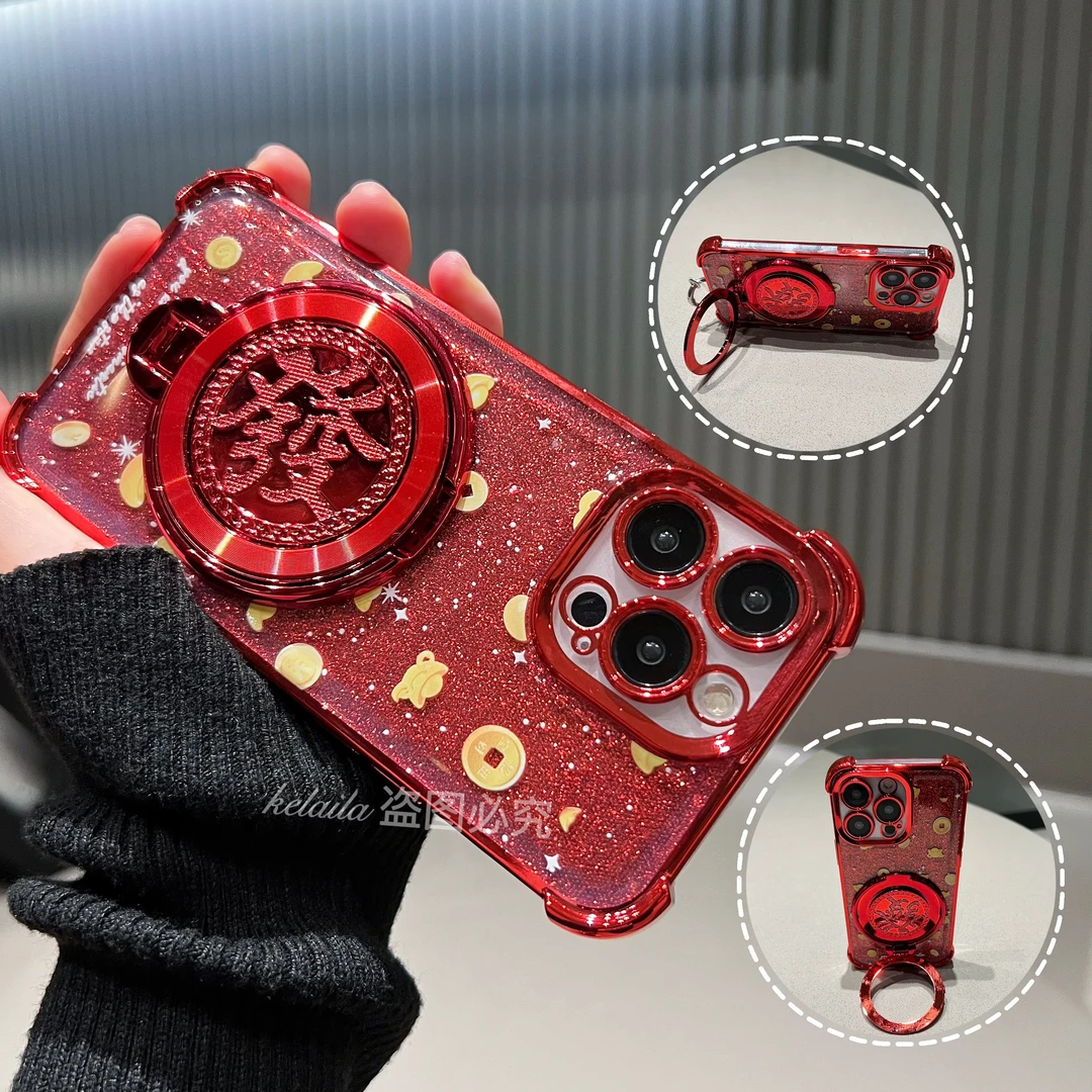 适用苹果华为VIVO荣耀OPPO防摔手机壳红色电镀气囊元宝金币發支架