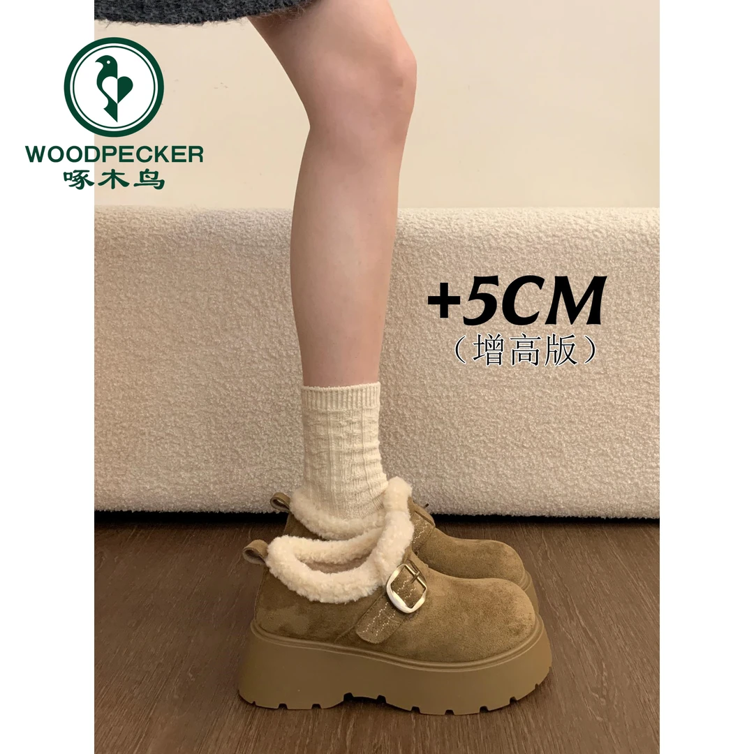 啄木鸟厚底增高加绒豆豆勃肯鞋女2025冬季新款毛毛棉鞋保暖雪地靴