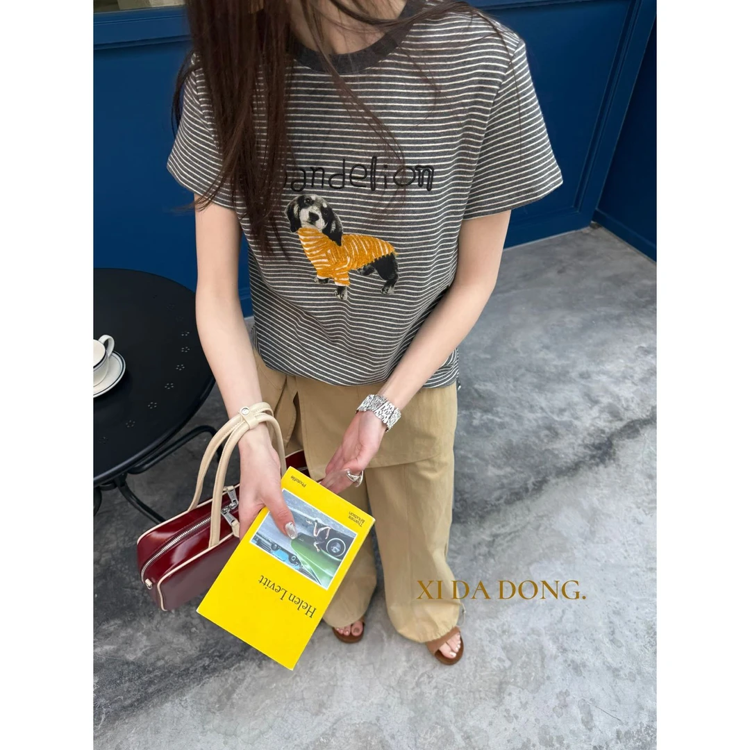 3382#不挑身材的条纹立体刺绣狗狗T恤(福利)