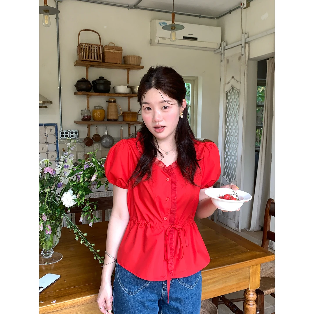 火火火【炙热盛夏】韩版木耳边v领收腰抽绳衬衫上衣C32720HH52