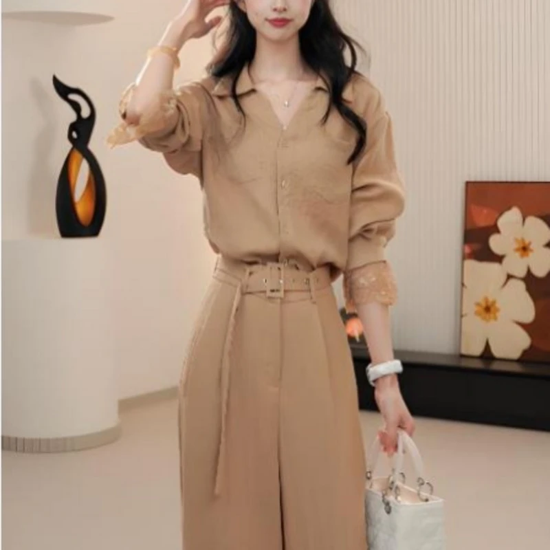 2025春秋新款高端气质蕾丝拼接老钱风衬衫女蕾蕾丝拼接老钱风套装