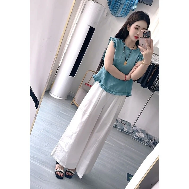 休闲简约花边无袖上衣阔腿裤套装女2025夏季新款小个子两件套女装