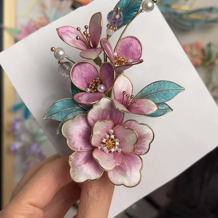 紫色色掐丝扁绒绒花发簪10