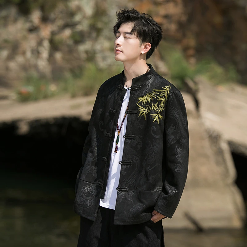 新中式外套男春秋竹子刺绣立领夹克中国风复古盘扣龙纹唐装汉服潮