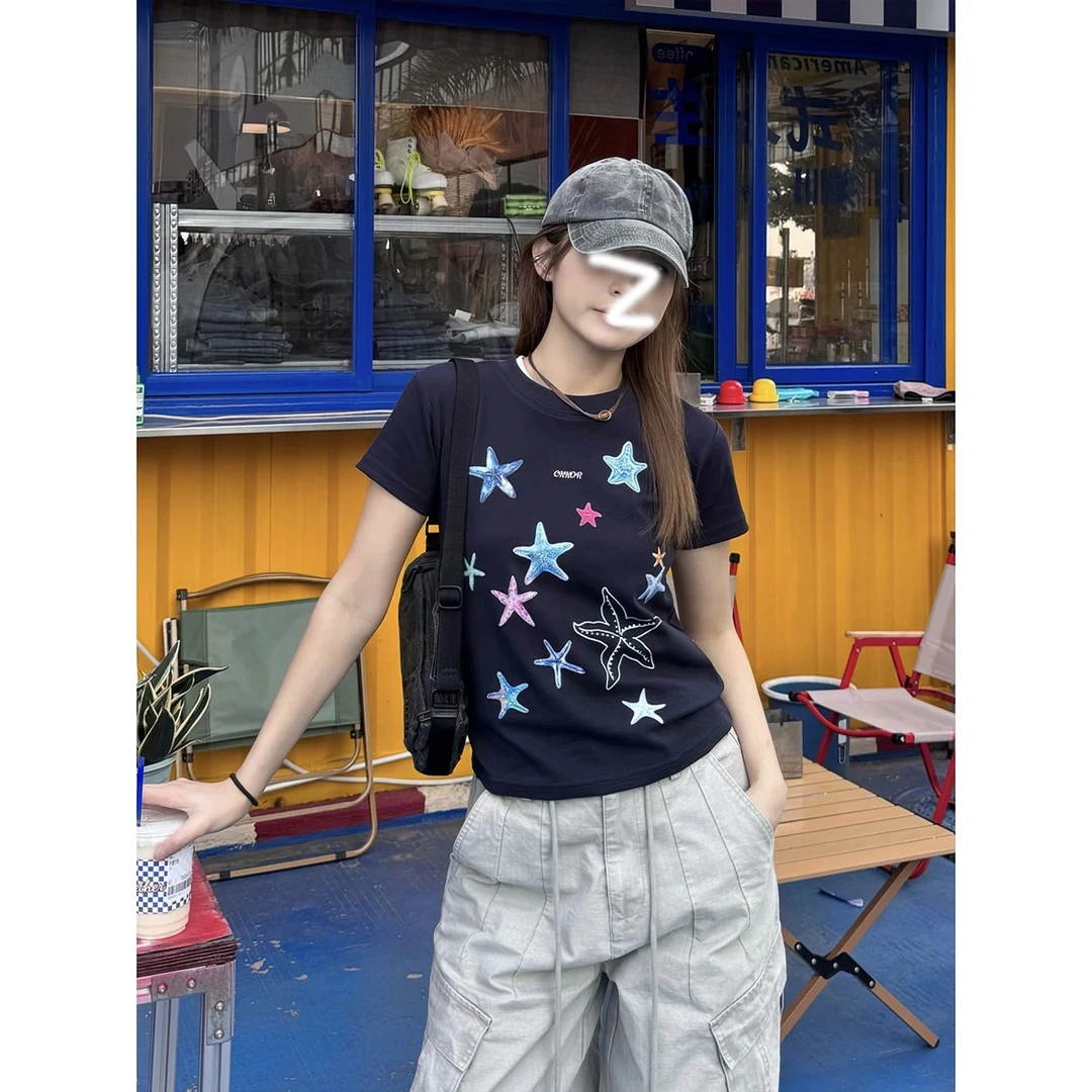 韩式正肩t恤女款短袖夏季新款修身显瘦海星印花春游出行衣服穿搭