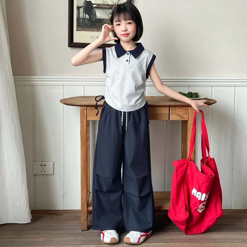 女童夏季POLO衫套装2025新款韩版洋气上衣女孩速干阔腿裤两件套