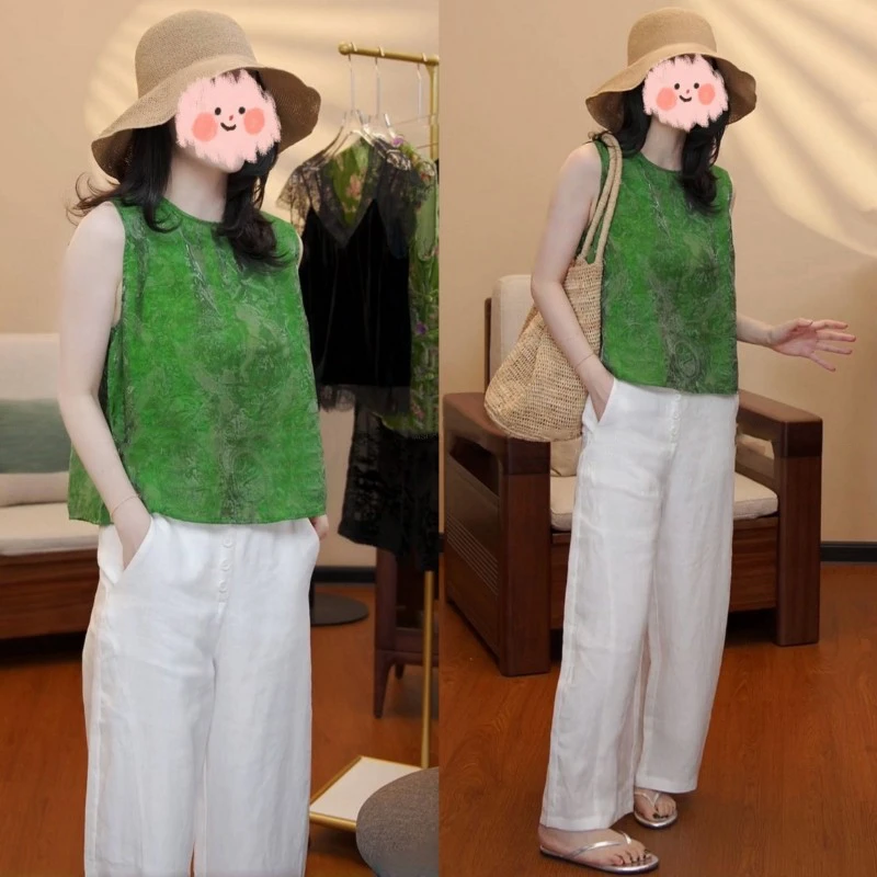 2025年夏季新款新中式圆领马甲无袖上衣配纯色裤子懒惰两件套潮