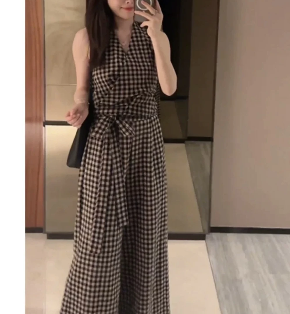 6026【两件套】港风复古慵懒风气质百搭格子套装（A21）