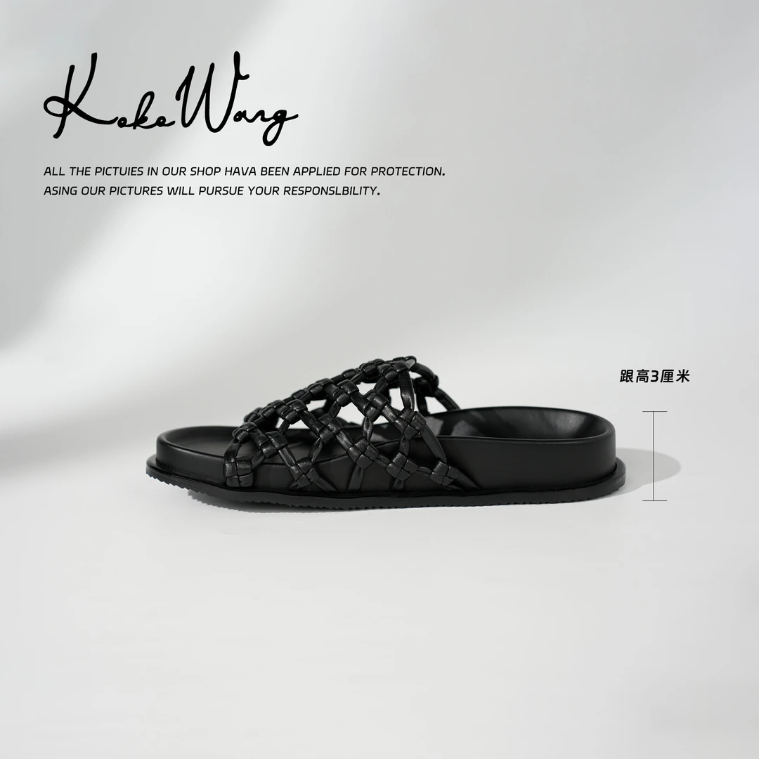 KOKO WANG夏季时尚气质镂空编织厚底百搭一字拖鞋481985C07X25